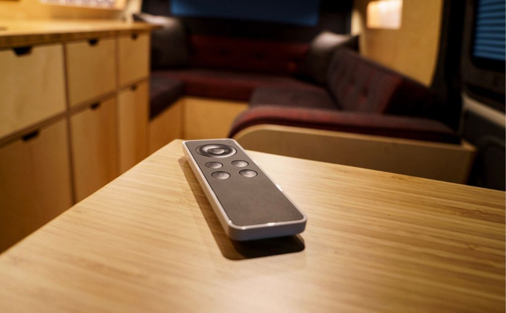 Remote sitting on table in campervan