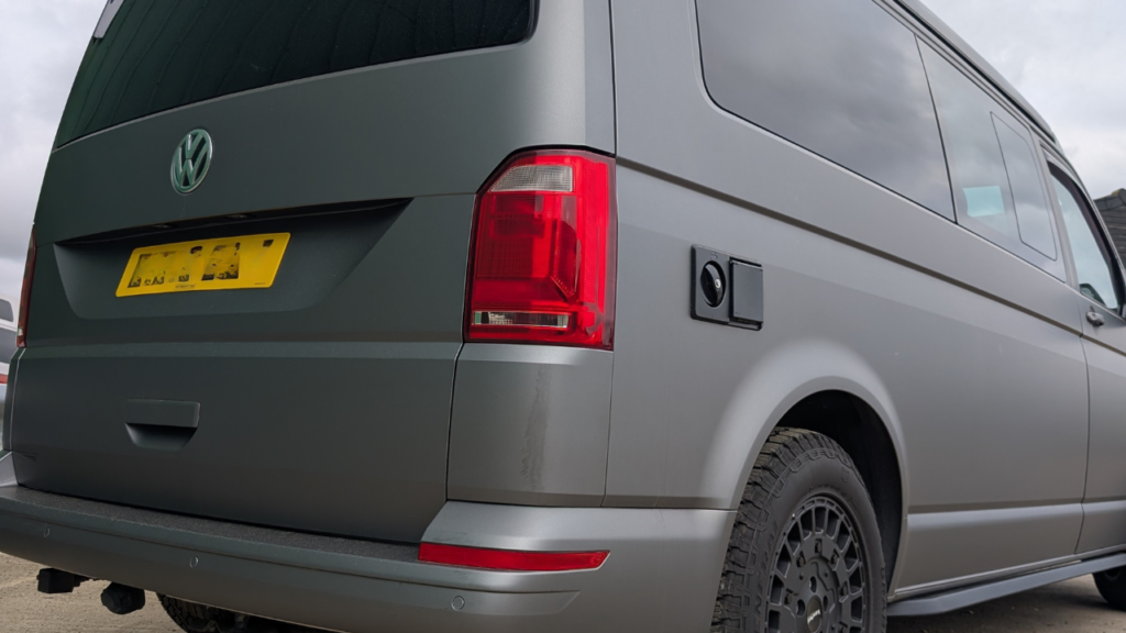 rear view of a grey campervan