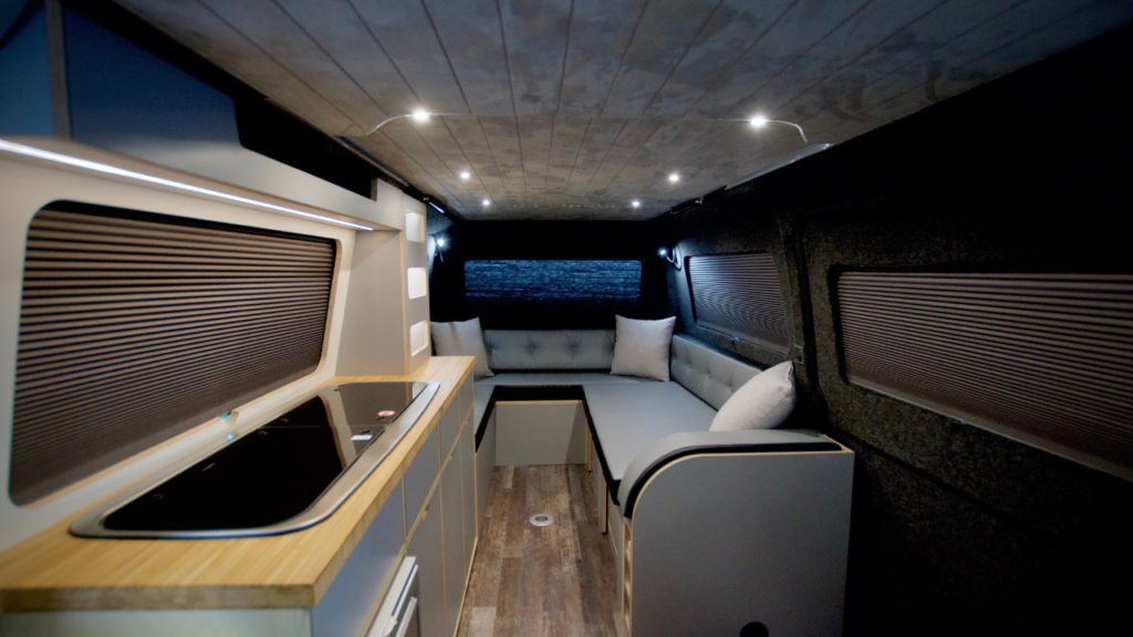 grey u shape campervan layout