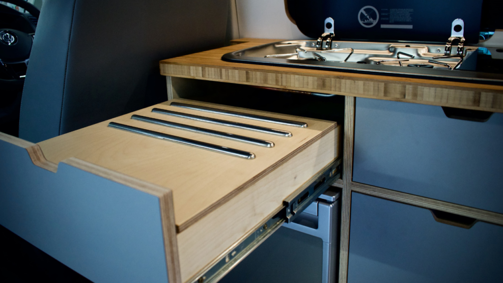 drawer opened with a grey front