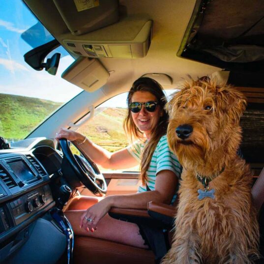 Lady and dog sitting in a campervan